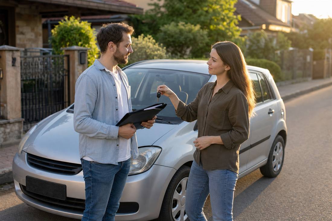 Vendedor entregando chaves de carro usado para comprador atento