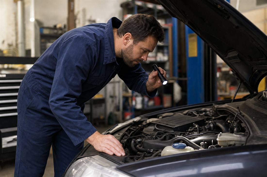 Mecanico inspecionando motor com lanterna na mao